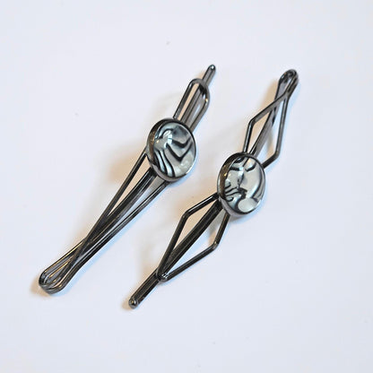 Black Bobby Pin Set of 2, Handmade Striped Cabochon Hair Accessory, Minimal Hair Accessory