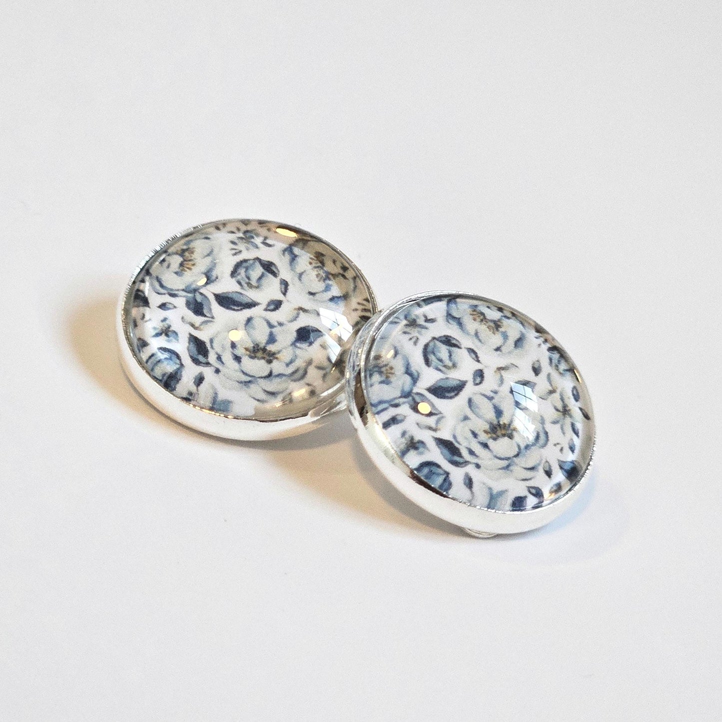Blue Floral Clip-On Earrings – 16mm Cabochon | Non-Pierced | Hypoallergenic