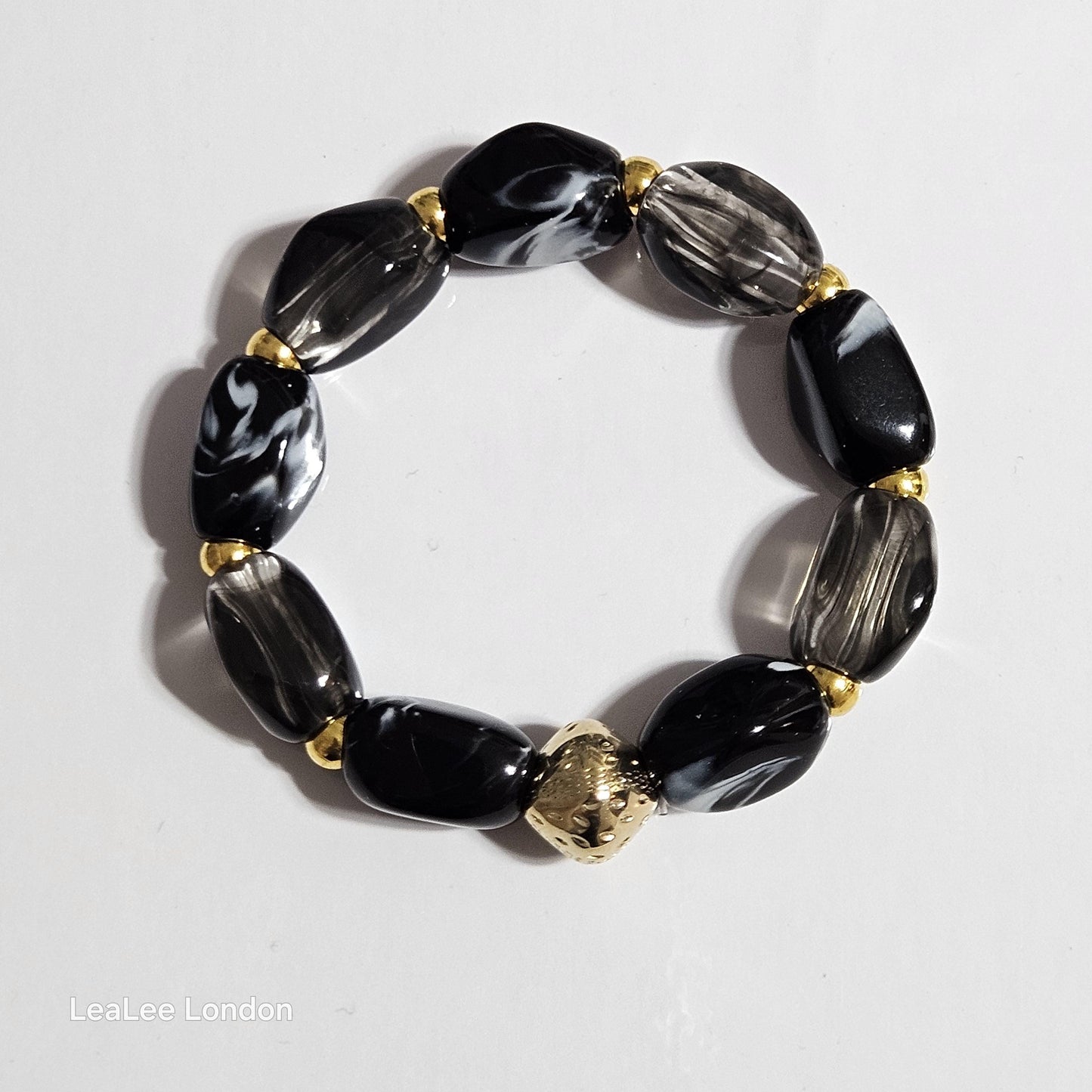 Elastic Black and Gold Bracelet, Stacking Large Acrylic Jewellery