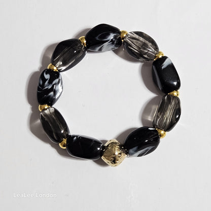 Elastic Black and Gold Bracelet, Stacking Large Acrylic Jewellery