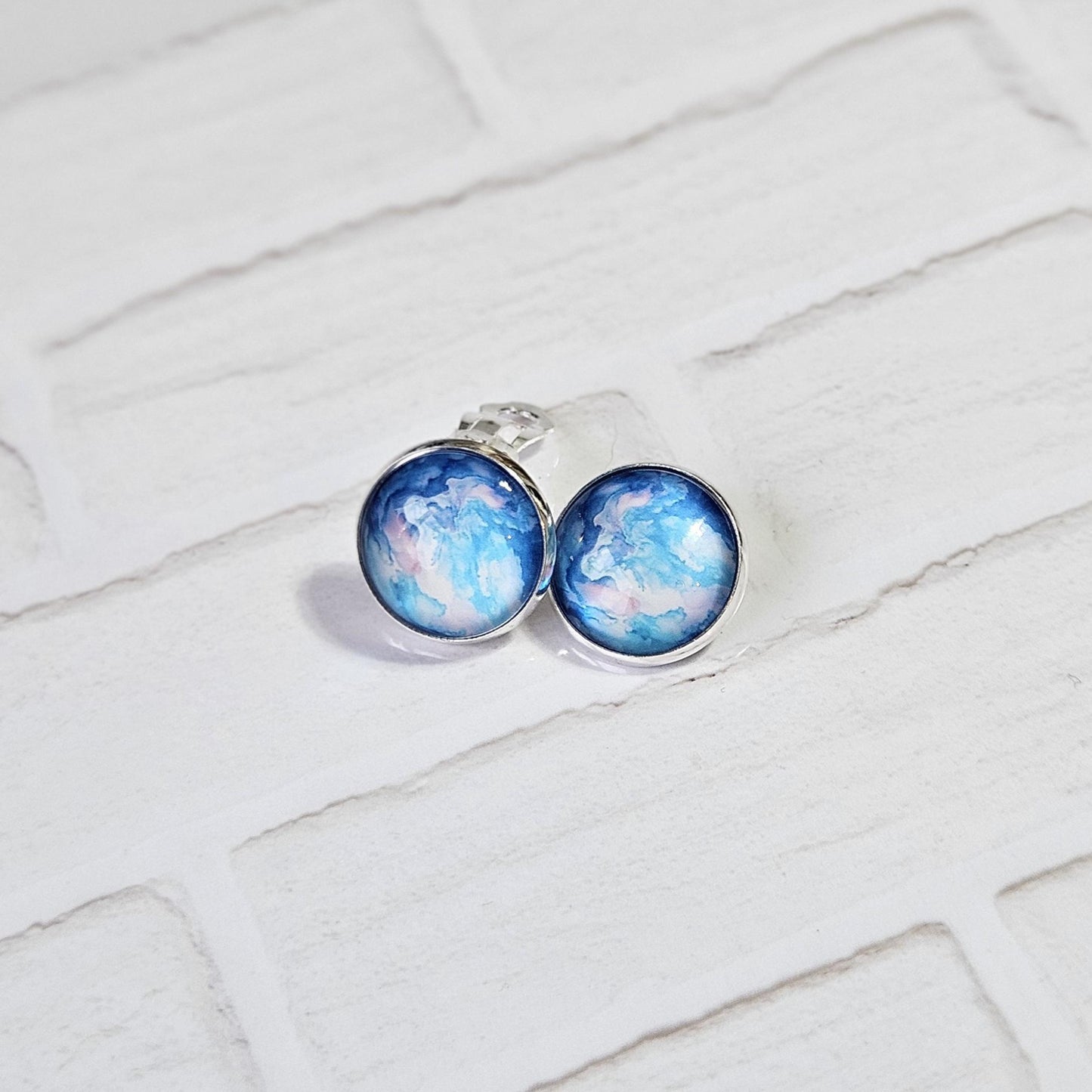 Blue Watercolour Silver Clip On Earrings, Non Pierced Stud Earrings, Handmade Cabochon, Lightweight Statement Jewellery