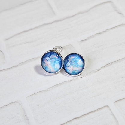 Blue Watercolour Silver Clip On Earrings, Non Pierced Stud Earrings, Handmade Cabochon, Lightweight Statement Jewellery