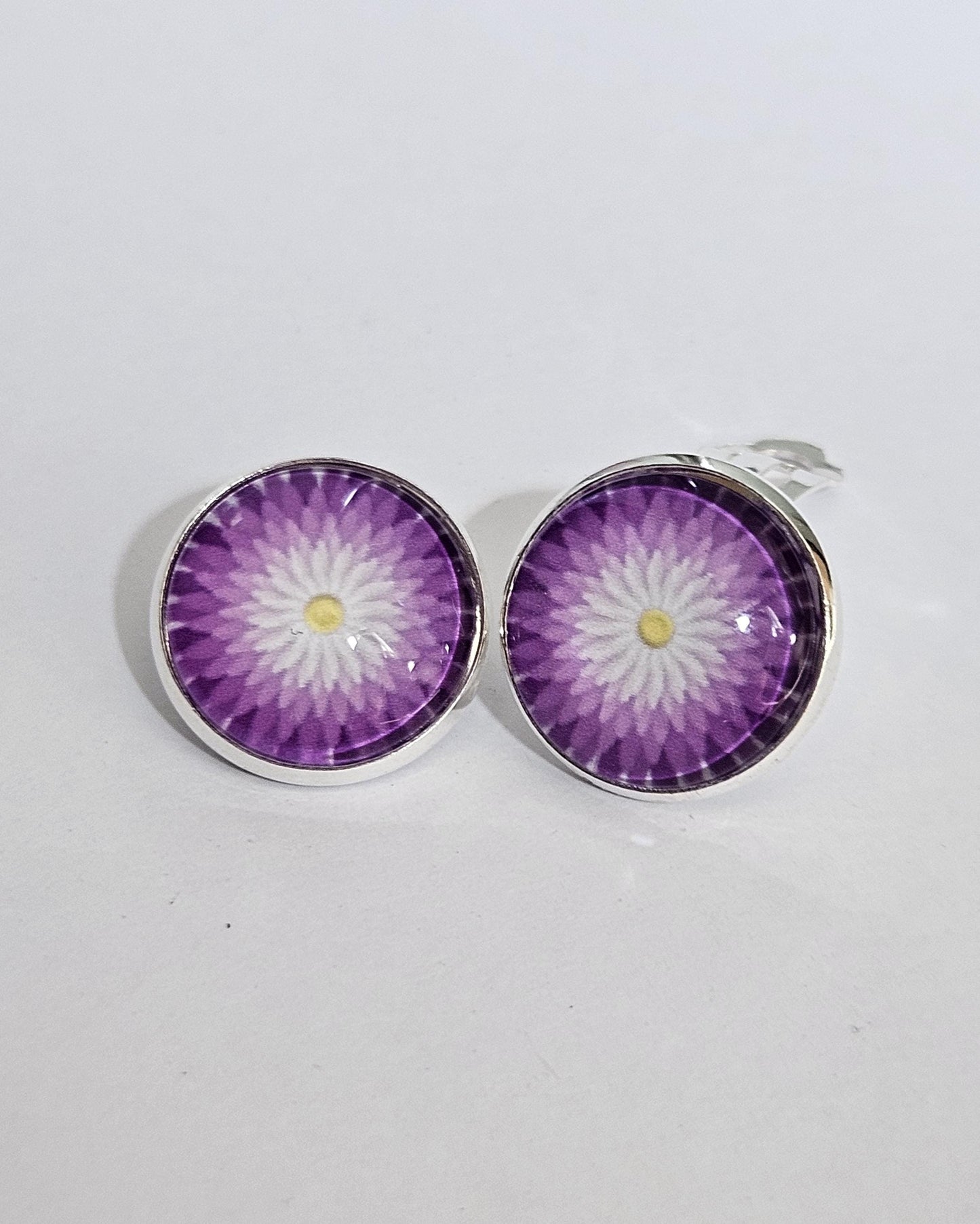 Purple Flower Clip-on Earrings: Silver Tone Copper Base