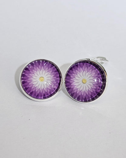 Purple Flower Clip-on Earrings: Silver Tone Copper Base