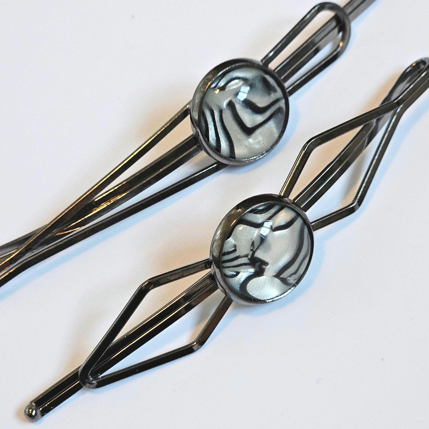 Black Bobby Pin Set of 2, Handmade Striped Cabochon Hair Accessory, Minimal Hair Accessory