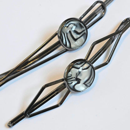 Black Bobby Pin Set of 2, Handmade Striped Cabochon Hair Accessory, Minimal Hair Accessory