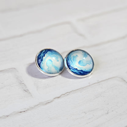 Blue Watercolour Clip On Earrings, Non Piercing Hinged Back Earrings, Handmade Cabochon Stud Earring, Lightweight Statement  Jewellery