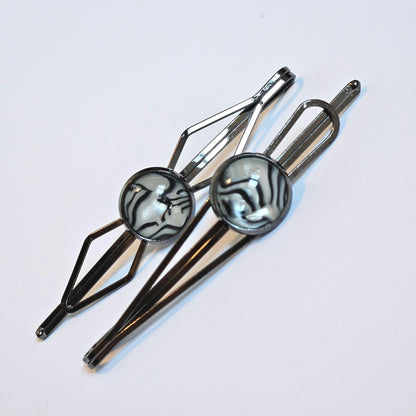 Black Bobby Pin Set of 2, Handmade Striped Cabochon Hair Accessory, Minimal Hair Accessory