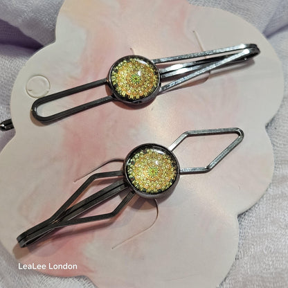 Black Bobby Pins Set of 2, Handmade Boho Mandala Cabochon Hair Clips, Statement Hair Accessories