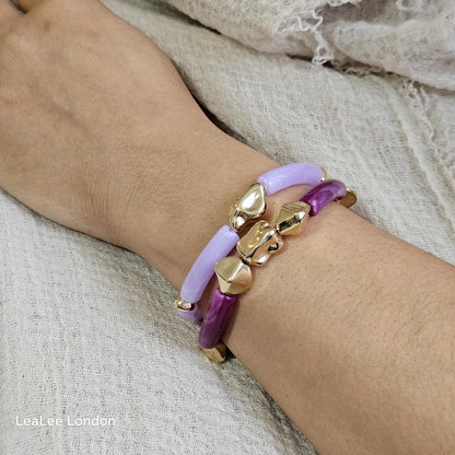 Elastic beaded bangle Bracelet, 2 set Gold detail Bracelet for women, Purple pink and gold bracelet set