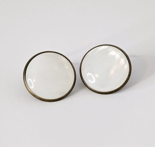 White Round Clip On Earrings: Bronze Tone, Non Piercing