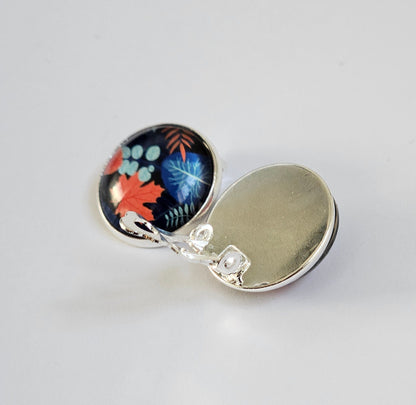 Blue Floral Clip On Earrings: Silver Tone, Non Piercing Stud Clip-ons, Hinged back fastening earrings