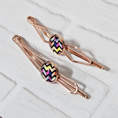 Trendy Bobby Pins Set, Patterned Bobby Pins Set of 2, Handmade Cabochon Clip