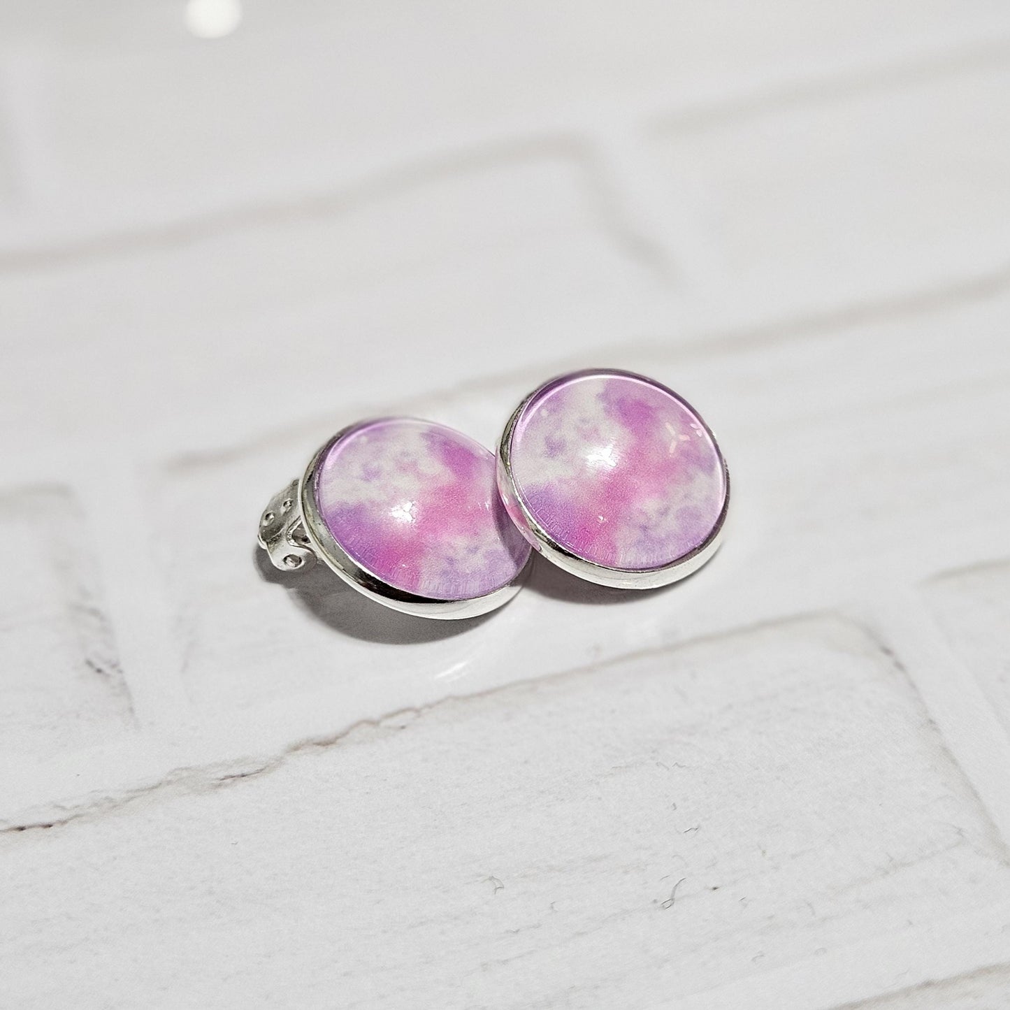 Purple & Pink Watercolour Clip-On Earrings | Silver Tone | No Piercing Needed