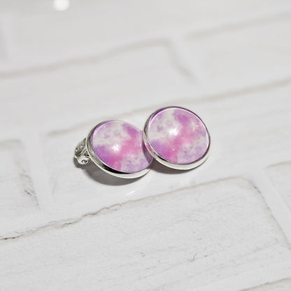 Purple & Pink Watercolour Clip-On Earrings | Silver Tone | No Piercing Needed