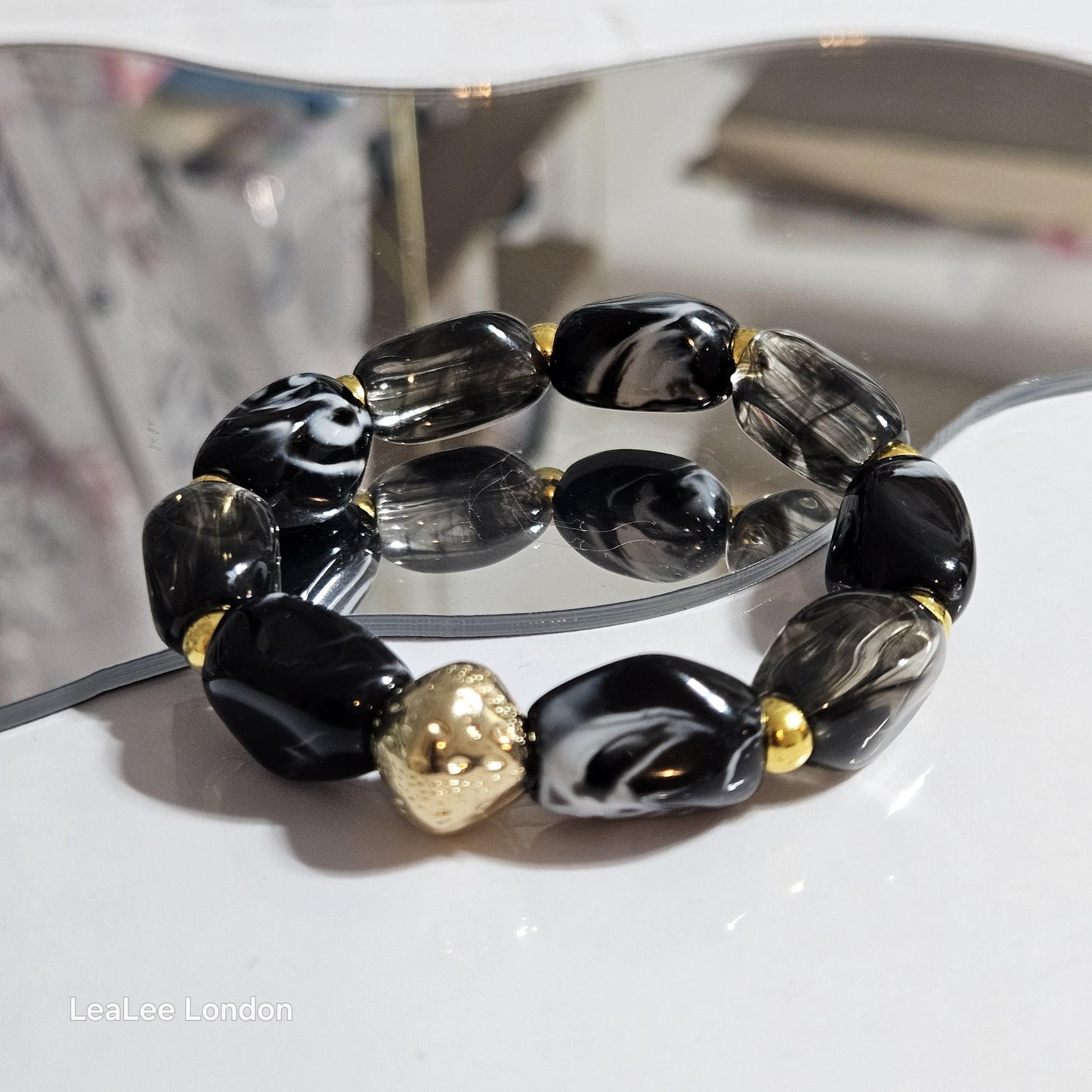 Elastic Black and Gold Bracelet, Stacking Large Acrylic Jewellery