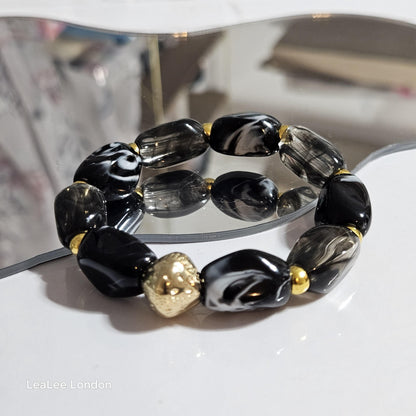 Elastic Black and Gold Bracelet, Stacking Large Acrylic Jewellery