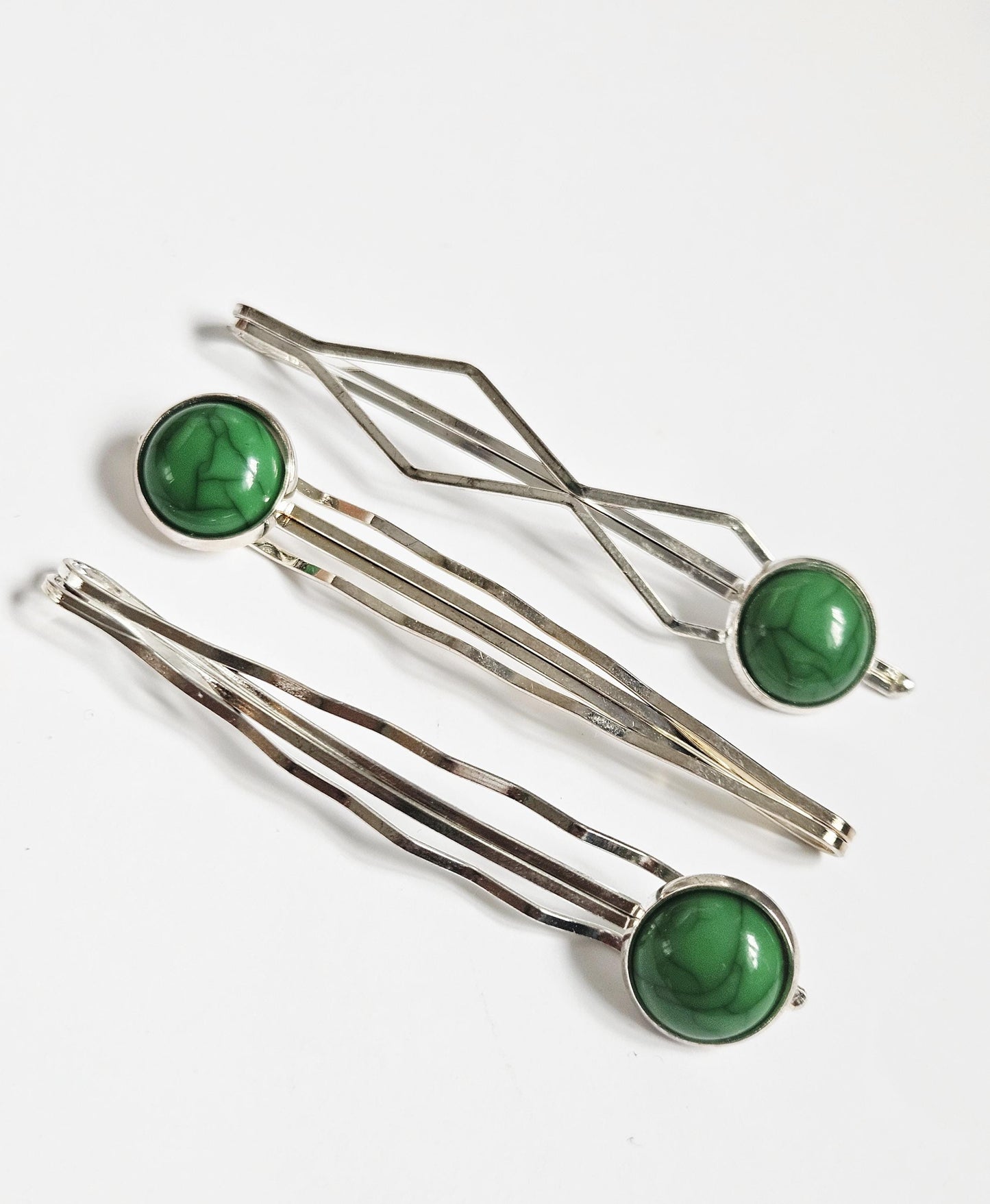 Dark Green Cabochon Bobby Pins: Silver Hair Slides, Women's Hair Accessories