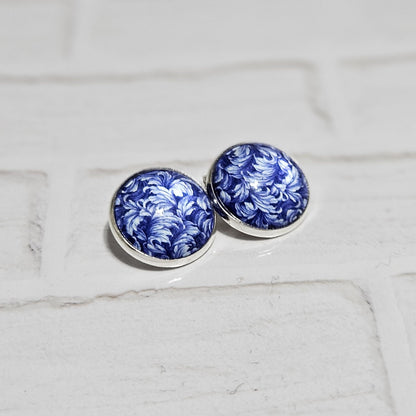 Blue Floral Clip On Earrings, Silver Tone Cabochon, Non Pierced