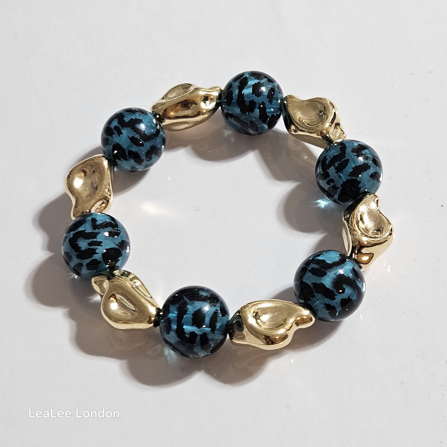 Handmade Cheetah Print Bracelet for Women – Chunky Elastic Beaded Bracelet with Gold Detail, UK Jewellery Gift