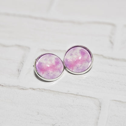 Purple & Pink Watercolour Clip-On Earrings | Silver Tone | No Piercing Needed