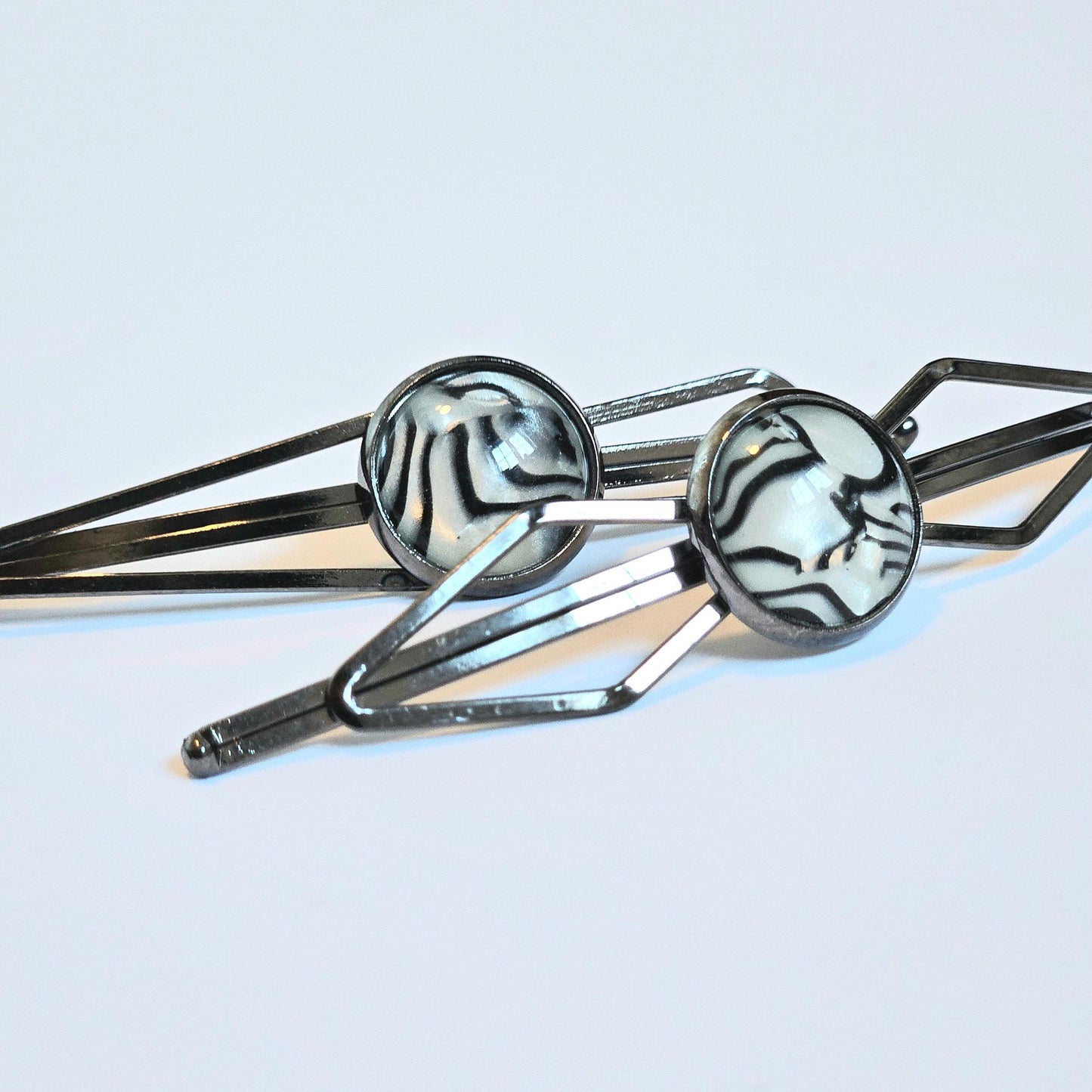 Black Bobby Pin Set of 2, Handmade Striped Cabochon Hair Accessory, Minimal Hair Accessory
