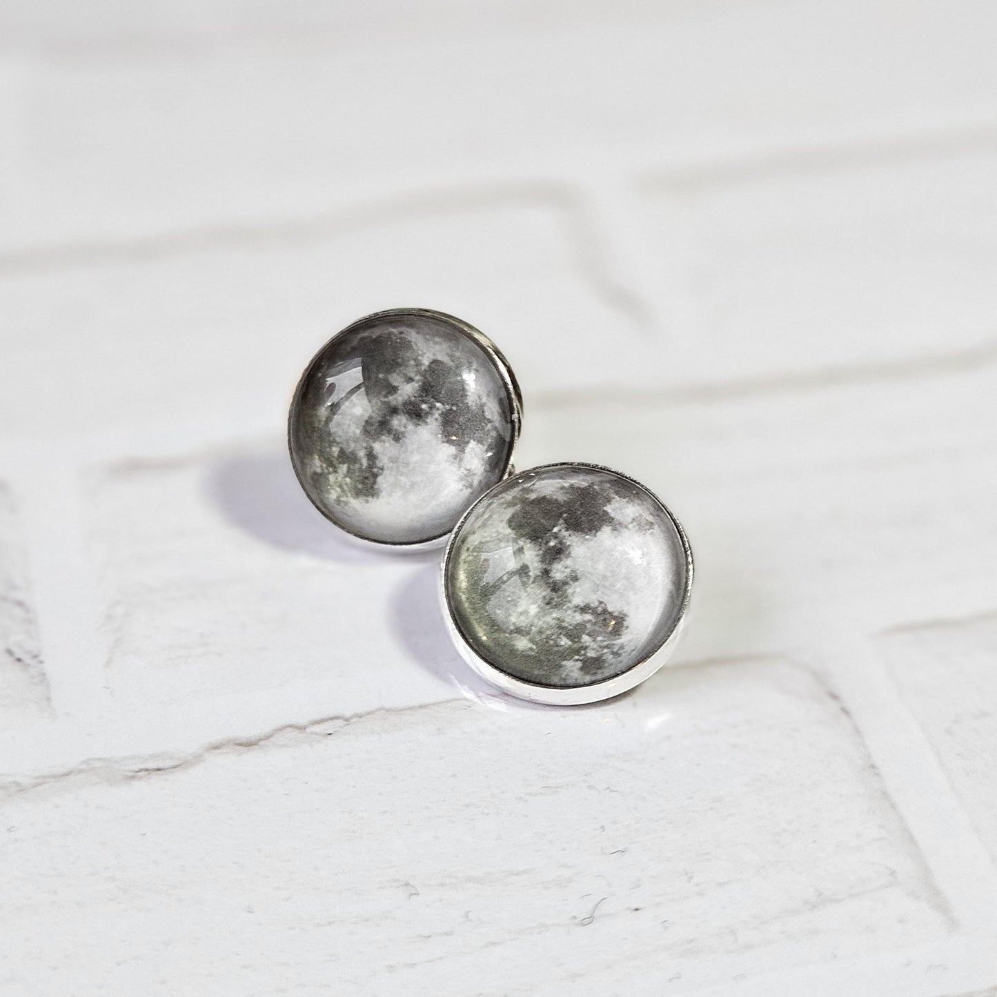 Realistic Full Moon Clip On Earrings, Silver Hinged Back Studs, Comfortable Firm Fit No Pierce Jewelry, Celestial Lunar Gift for Space Lover