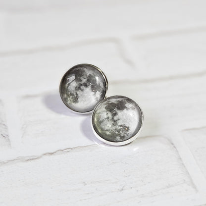 Realistic Full Moon Clip On Earrings, Silver Hinged Back Studs, Comfortable Firm Fit No Pierce Jewelry, Celestial Lunar Gift for Space Lover