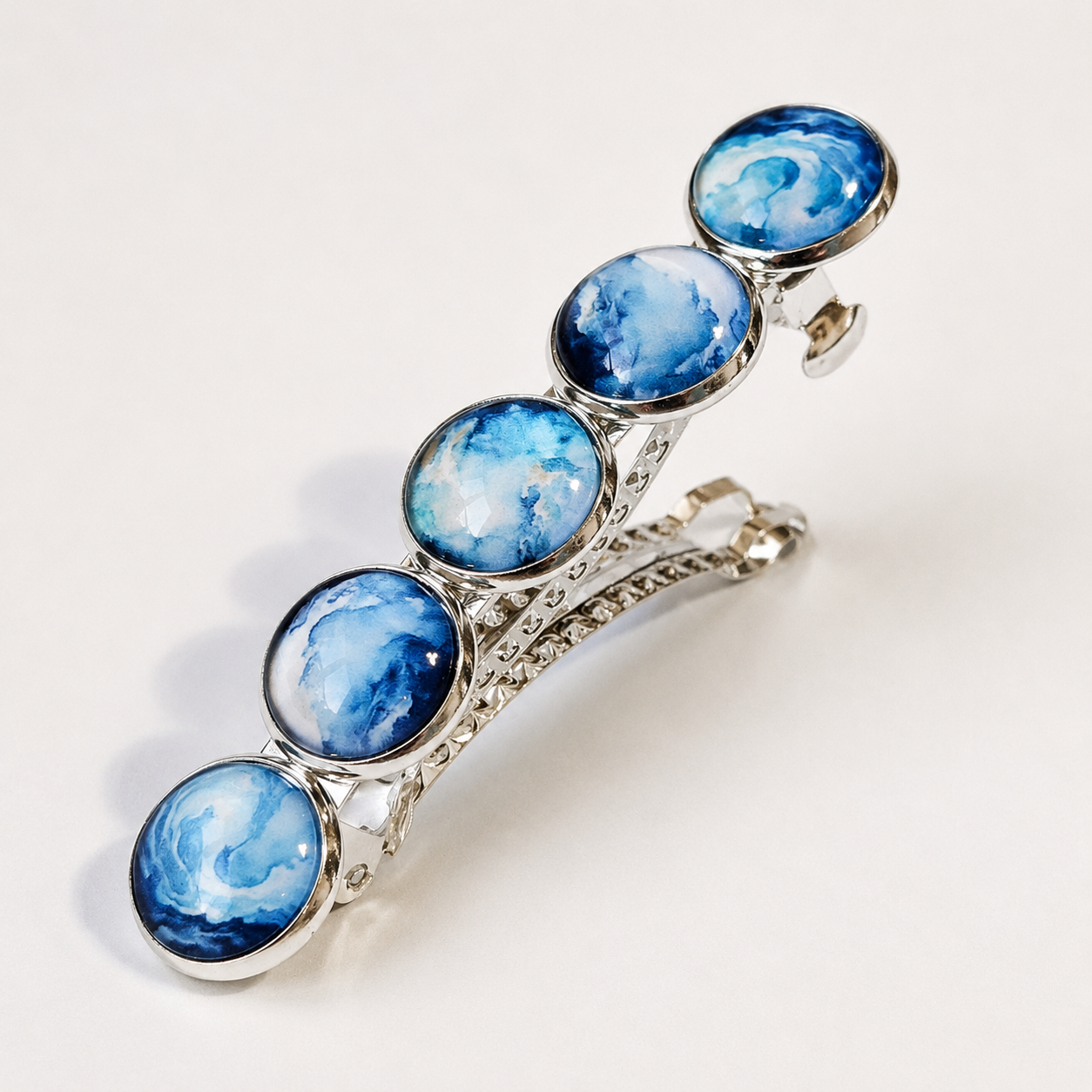 Blue Watercolor Cabochon French Barrette: Silver Hair Clip