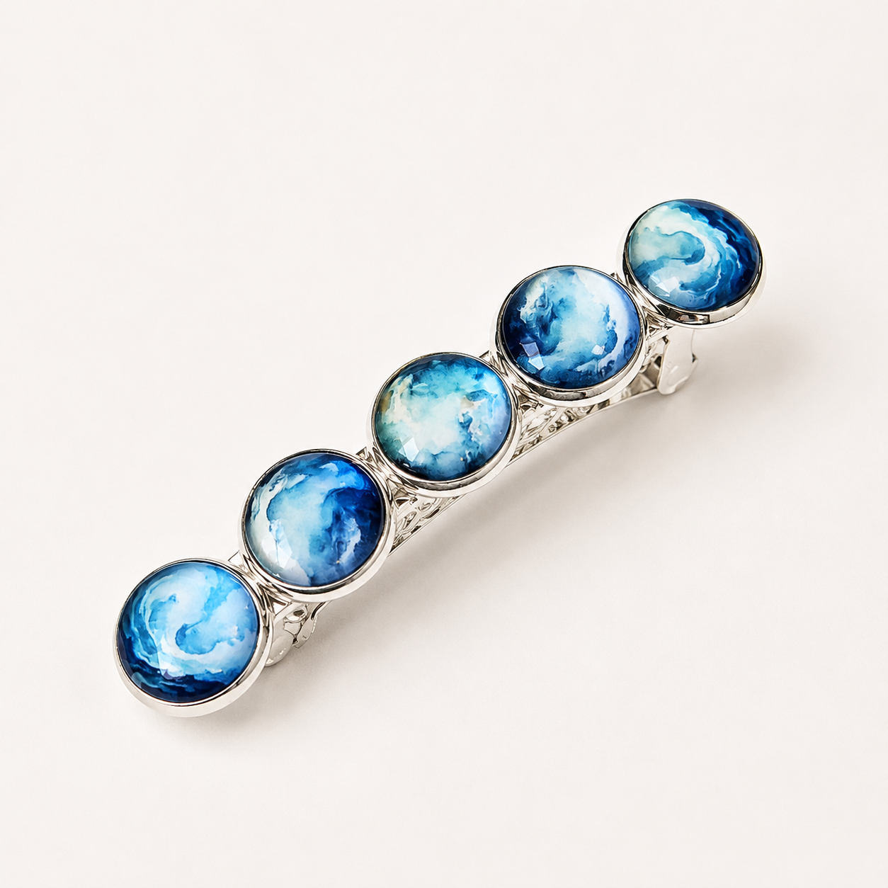 Blue Watercolor Cabochon French Barrette: Silver Hair Clip