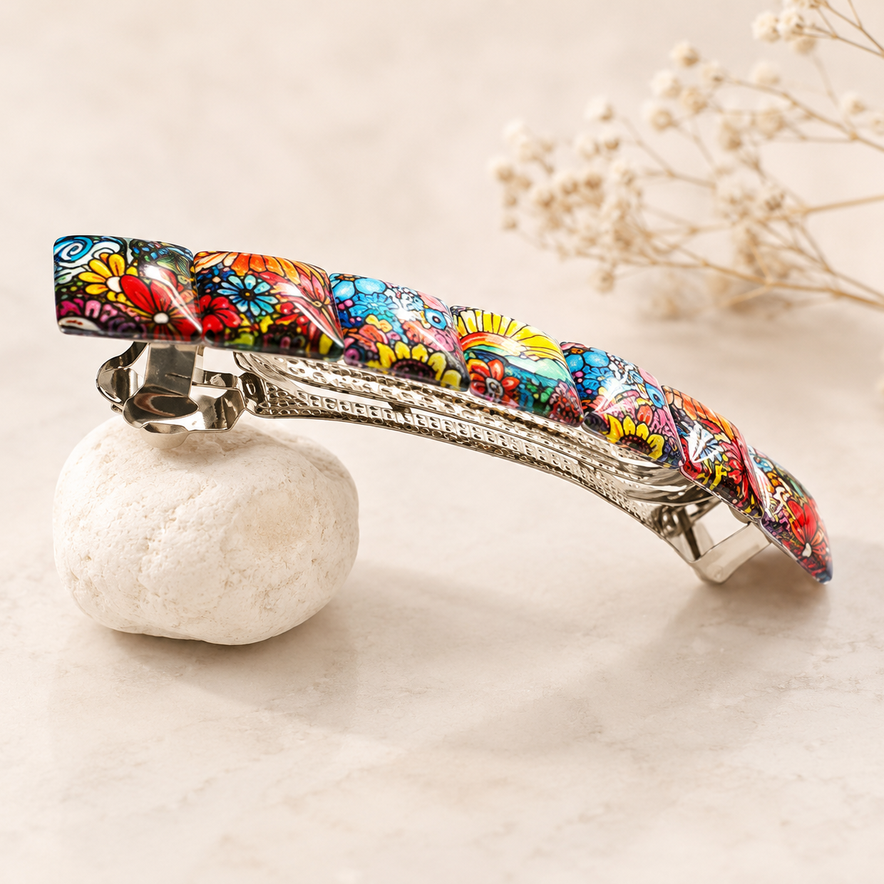 Floral French Barrette for Thick Hair, Handmade Hair Clip