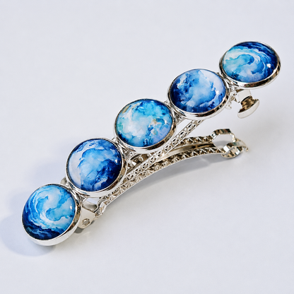 Blue Watercolor Cabochon French Barrette: Silver Hair Clip