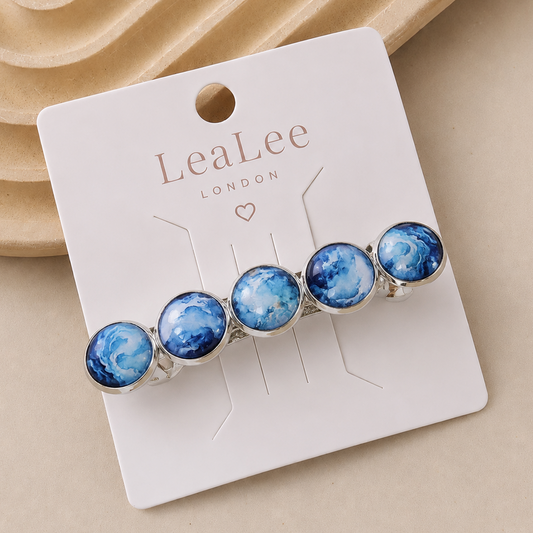 Blue Watercolor Cabochon French Barrette: Silver Hair Clip