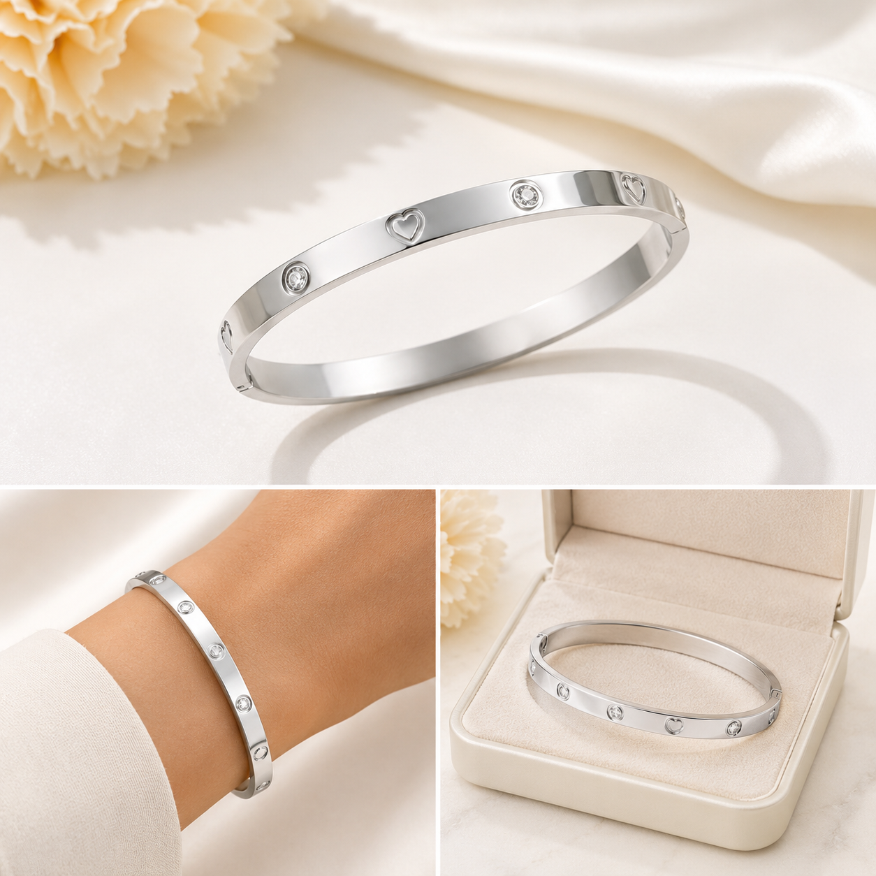 Stainless Steel Heart Bangle | Crystal Detail Silver Cuff Bracelet