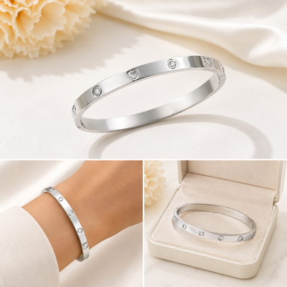 Stainless Steel Heart Bangle | Crystal Detail Silver Cuff Bracelet