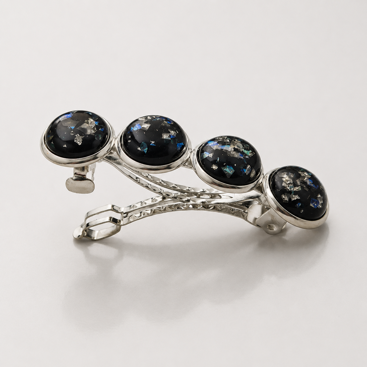 Iridescent Silver Cabochon French Barrette | Fine Hair Clip | Small & Medium
