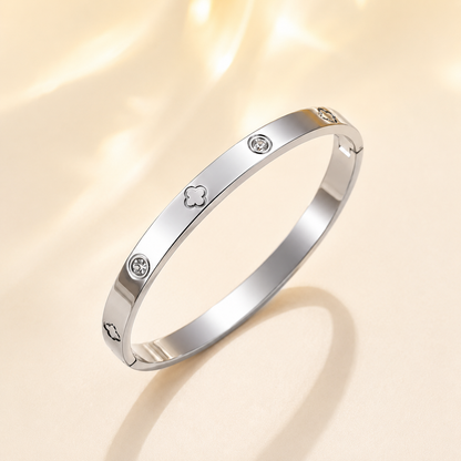 Stainless Steel Four Clover Bangle | Crystal Detail Silver Cuff Bracelet