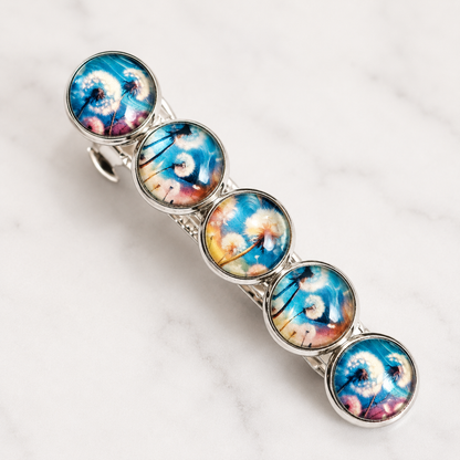 Blue Floral Hair Barrette, 7cm Silver French Style Hair Clip with 5 Dandelion Cabochons, Botanical Hair Accessory, Nature Lover Gift for Her