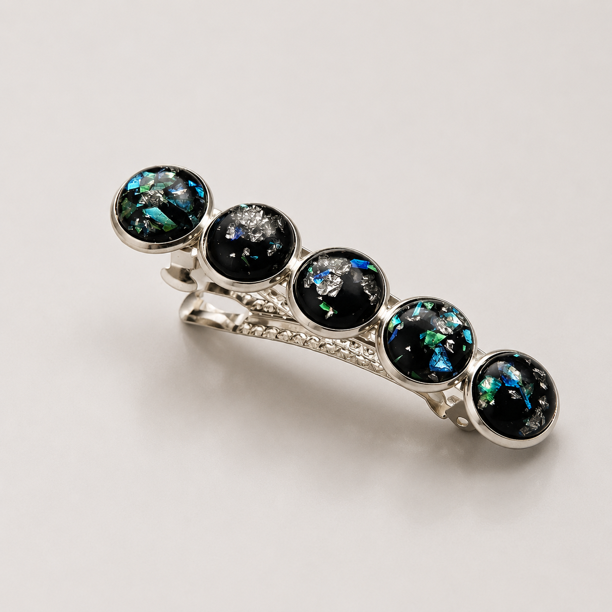 Iridescent Silver Cabochon French Barrette | Fine Hair Clip | Small & Medium