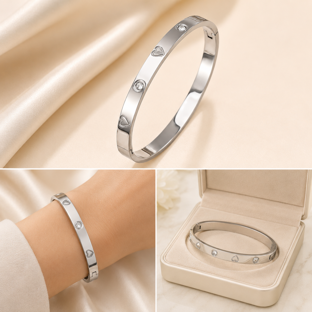 Stainless Steel Heart Bangle | Crystal Detail Silver Cuff Bracelet