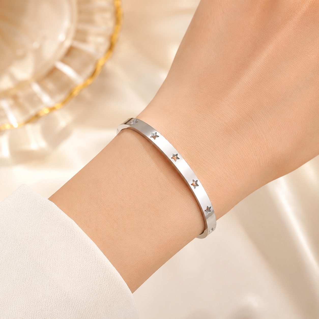 Stainless Steel Hollow Star Bangle | Minimalist Silver Cuff Bracelet