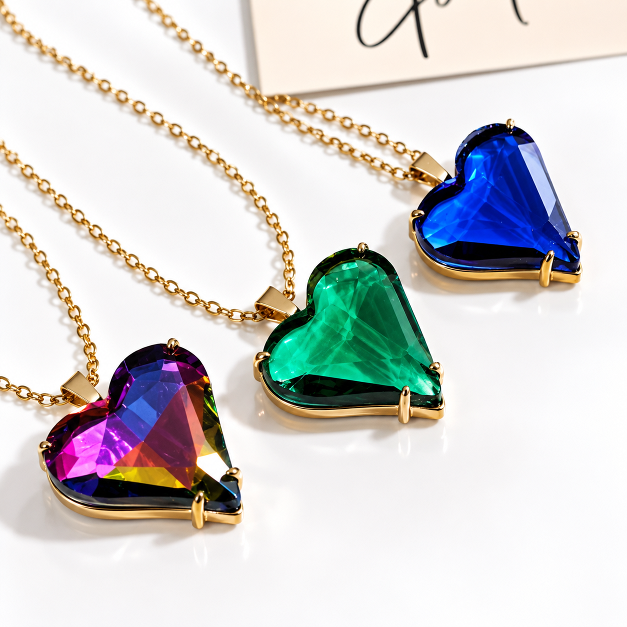 Gold Glass Heart Necklace | Blue, Green or Purple | Stainless Steel Chain