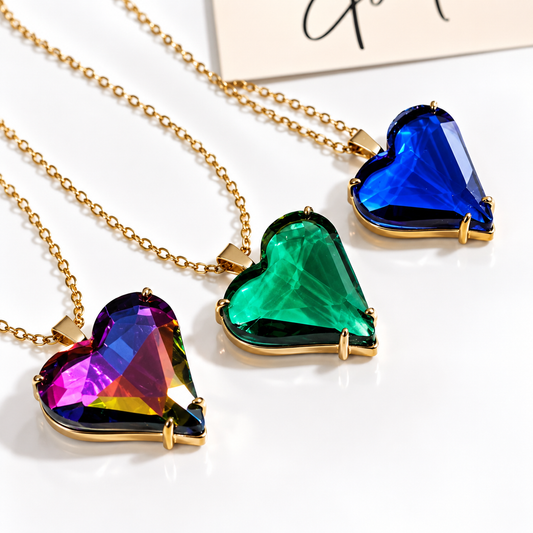 Gold Glass Heart Necklace | Blue, Green or Purple | Stainless Steel Chain