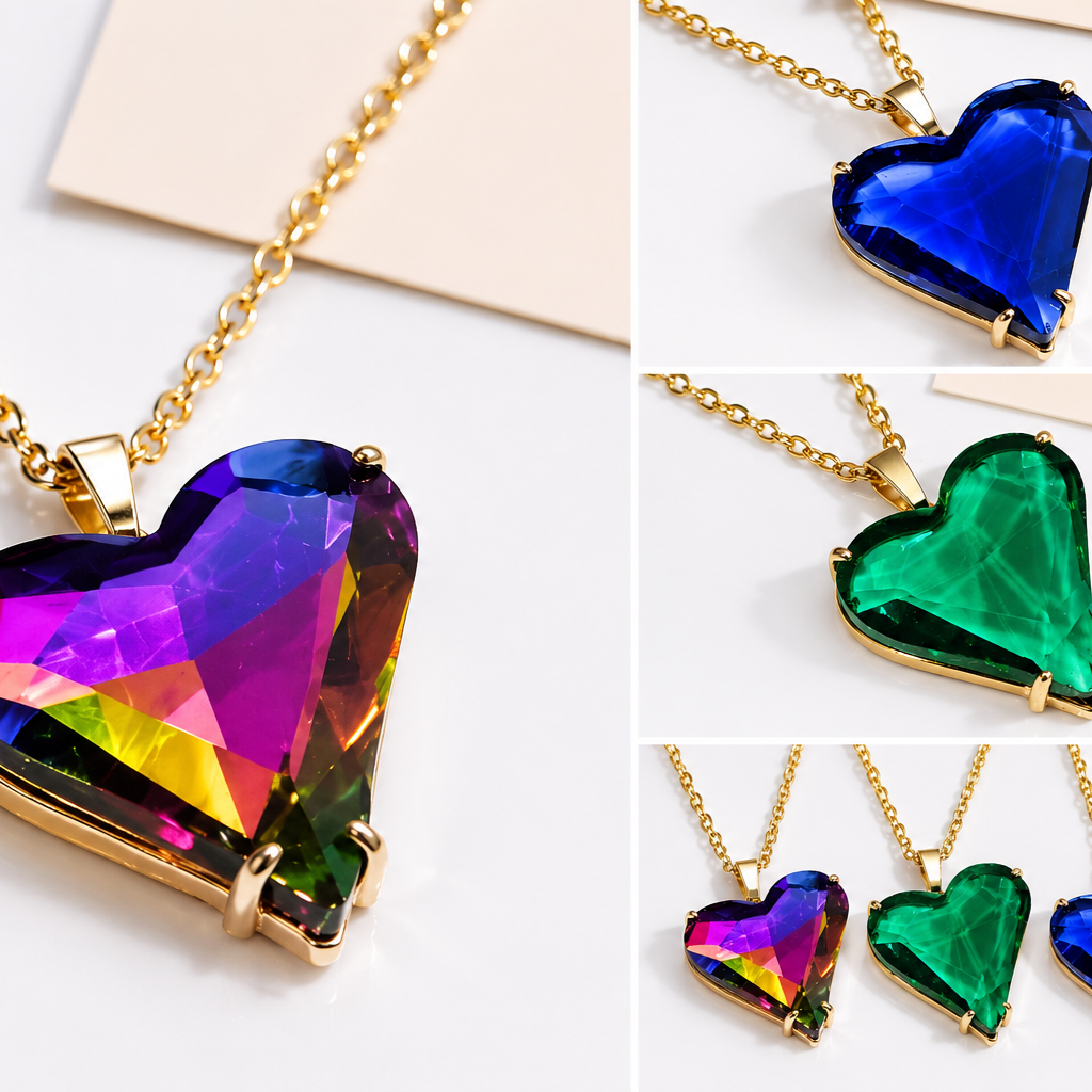 Gold Glass Heart Necklace | Blue, Green or Purple | Stainless Steel Chain