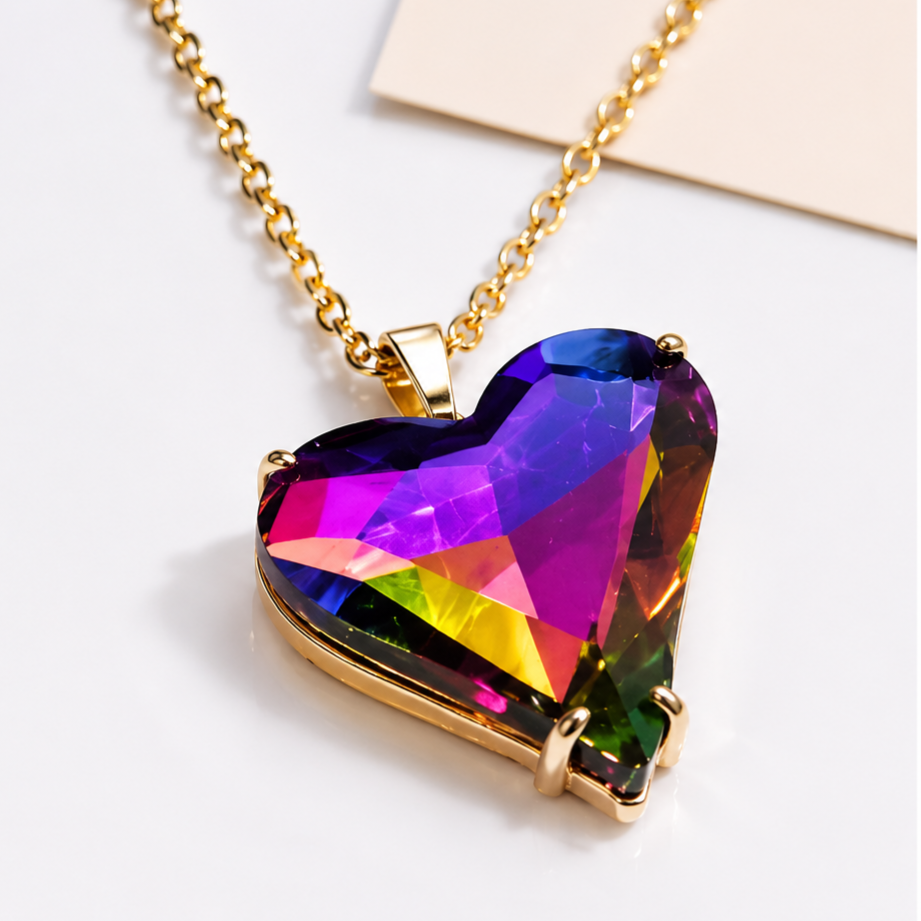 Gold Glass Heart Necklace | Blue, Green or Purple | Stainless Steel Chain
