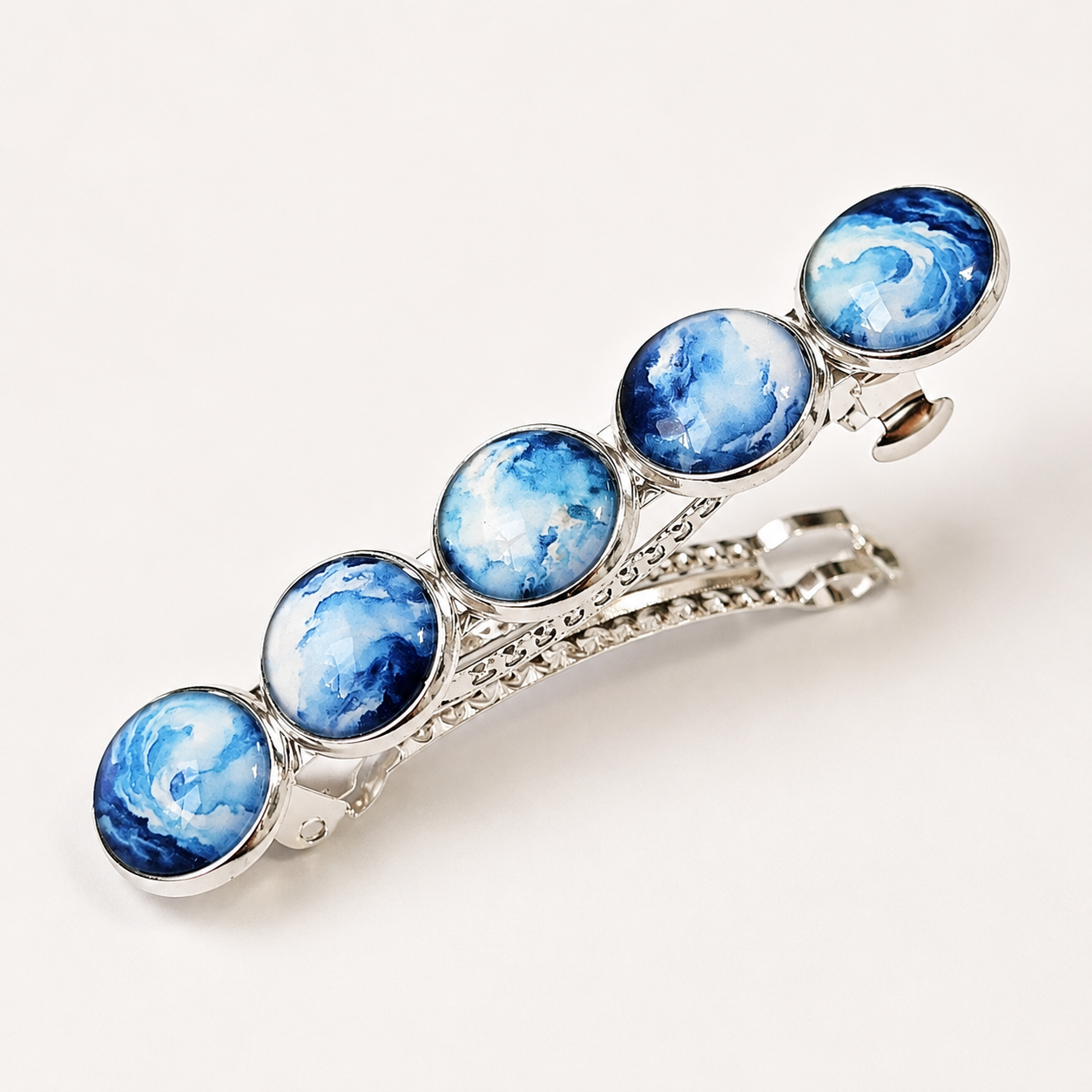 Blue Watercolor Cabochon French Barrette: Silver Hair Clip