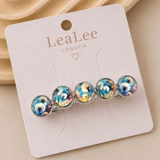 Blue Floral Hair Barrette, 7cm Silver French Style Hair Clip with 5 Dandelion Cabochons, Botanical Hair Accessory, Nature Lover Gift for Her