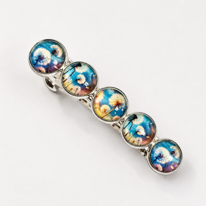 Blue Floral Hair Barrette, 7cm Silver French Style Hair Clip with 5 Dandelion Cabochons, Botanical Hair Accessory, Nature Lover Gift for Her