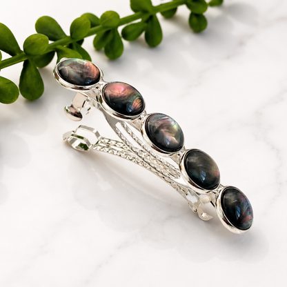 Black Marble Resin Hair Barrette: Silver French Clip