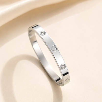 Stainless Steel Heart Bangle | Crystal Detail Silver Cuff Bracelet